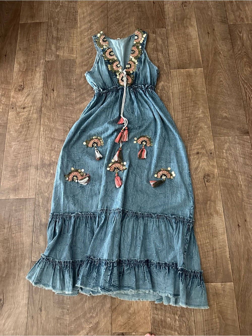 Blue Embroidered Tassel Maxi Dress - Picture 1 of 9